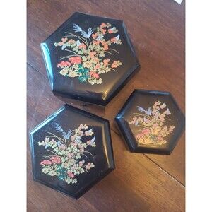 Asian Black Hexagon Shaped Triple Nesting Trinket Container Set Plastic Storage